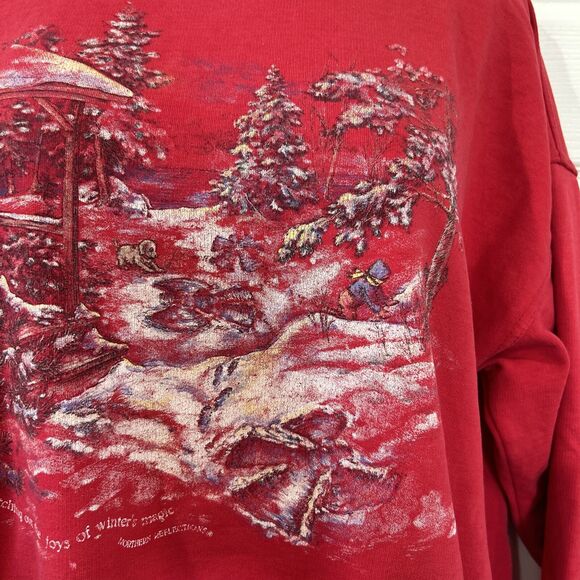 Vintage Northern Reflections Winter Cabin Graphic Sweatshirt Red Cottage Core XL - Picture 4 of 13